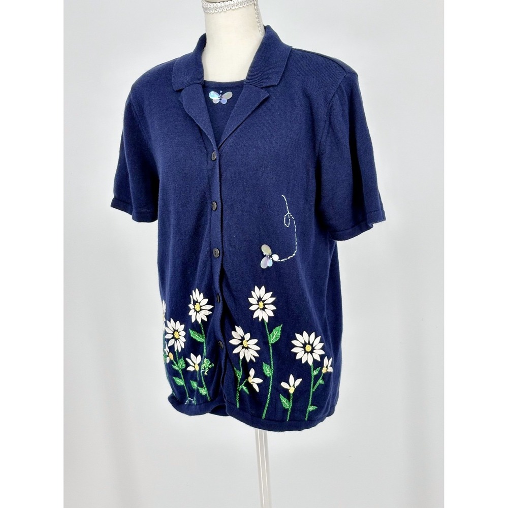 Alfred Dunner Womens S Ramie Cotton Cardigan Daisy Butterfly Embroidered Knit